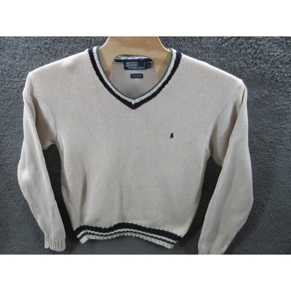 Vintage POLO RALPH LAUREN Men's Large Cotton V-Neck Preppy Sweater